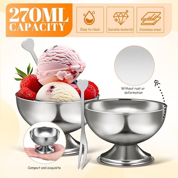 Totority Stainless Steel Ice Cream Bowls 4 Set – Footed Dessert Cups for Sundae, Yogurt, Pudding, Fruit Salad, Snacks Stackable Serving Dishes for Home Parties Restaurants with Modern Polished Look