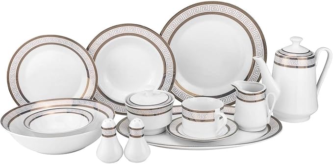 Euro Porcelain 57-pc Banquet Dinnerware Set, Luxury Tableware Dining Service for 8 (Greek Key Dark)