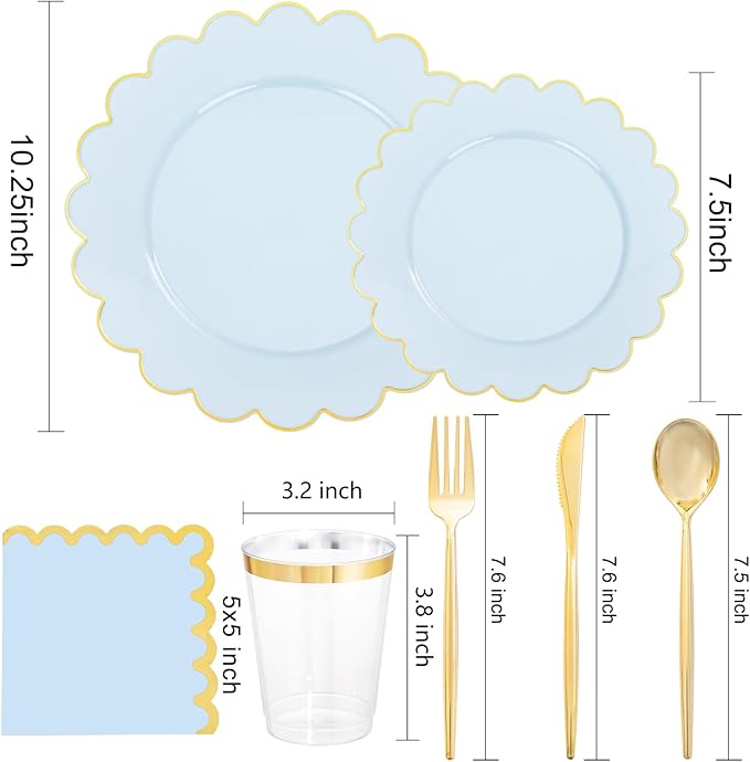 LIYH 210 Pcs Light Blue Plastic Dinnerware Set - Baby Blue Plastic Plates Napkins with Gold Foil Include Bridal Shower Plates Disposable Gold Silverware Napkins Cups for Birthday 30 Guests
