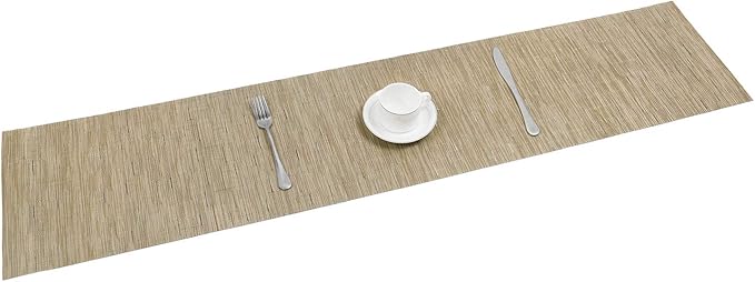 SHACOS Woven Vinyl Table Runner Indoor Outdoor 12x54 inch Kitchen Dining Table Runners Wipe Clean Washable PVC Table Runner, Bamboo Tan