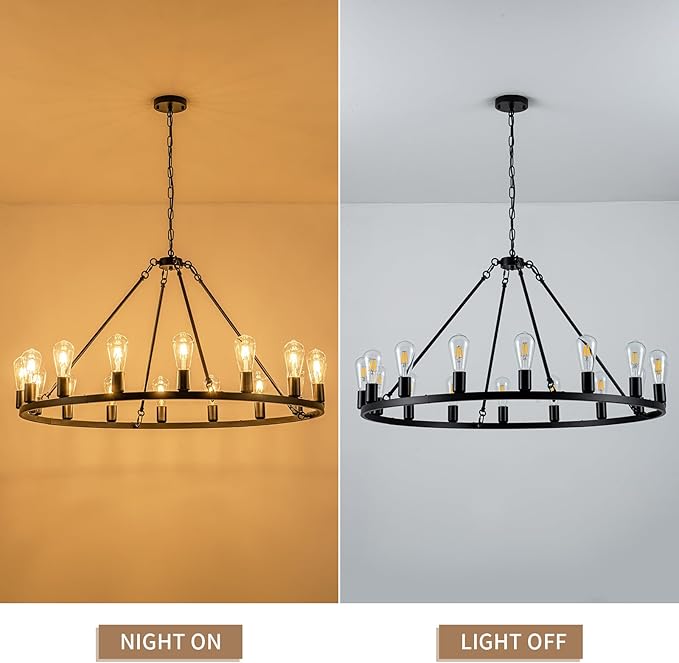 16-Light Wagon Wheel Chandelier, 40 inch Farmhouse Wagon Wheel Chandeliers, Black Round Rustic Pendant Lights, Industrial Ceiling Light Fixtures for Dining Room Living Room Bedroom Kitchen Entryway