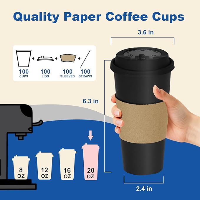 20 oz 100 Pack Coffee Cups with Lids and Sleeves, Straws, Hot Disposable To Go Travel Paper Cups Bulk for Office, Home Coffee Bar Accessories, Chocolate, Cocoa, Beverage (Black)