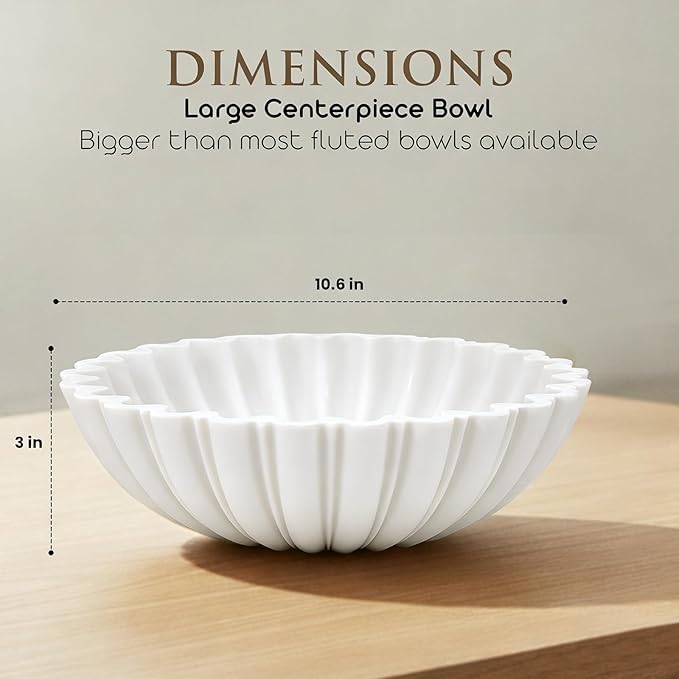 White Decorative Bowl Modern Home Decor - 10.6" Large Resin & Sandstone Centerpiece Bowl for Entryway Table, Coffee Table, Kitchen Counter or Serving Fruit, Keys, Candy