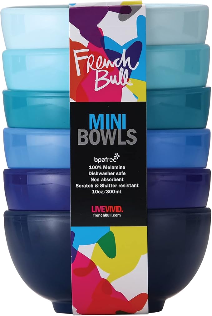 French Bull Melamine Mini Bowls, 6-Piece Set, Small Serving Bowl – Snack, Condiment, Dip, Dessert, Ice Cream – Shatter Proof, Food-Safe, BPA Free, Dishwasher Safe, 4” 10 oz - Shades of Blue