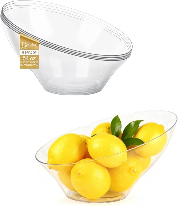 BESTSTAR Clear Plastic Serving Bowls 8 Pack 54 OZ– Angled Disposable Party Bowls for Chips, Salad, Fruit & Candy – Heavy Duty Clear Serving Bowls for Parties, Buffet, Catering, Wedding, Daily Use