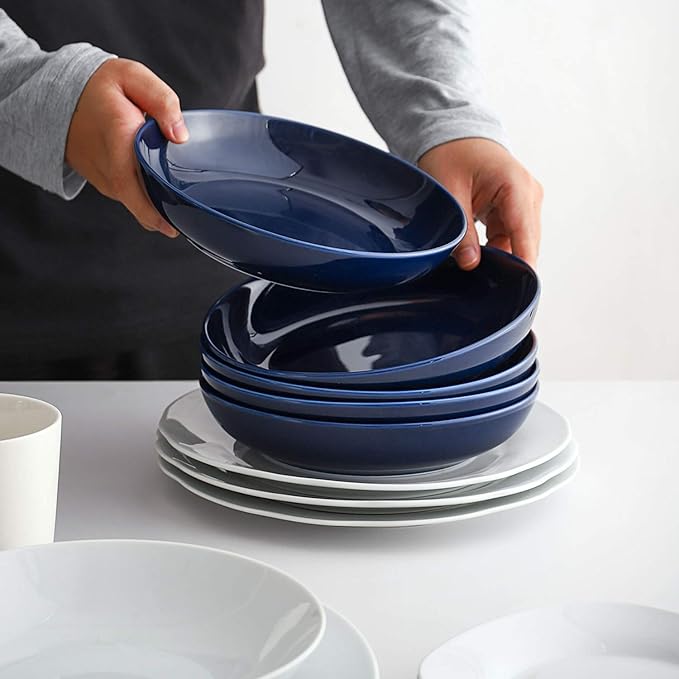 Y YHY Pasta Bowls, 30oz Soup Bowls Salad Bowls Large Serving Bowl Porcelain Pasta Plates Wide and Shallow Bowls Set of 6 Microwave Dishwasher Safe, Blue