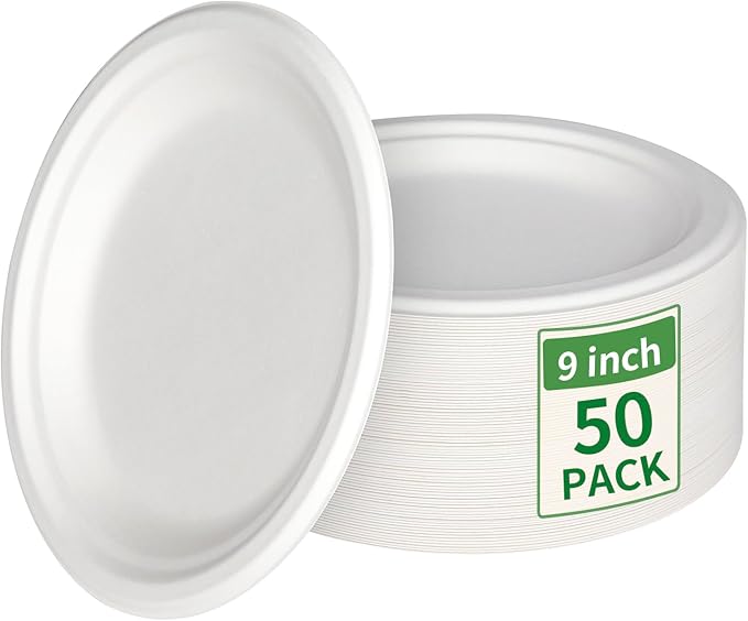 Aricsen 50 Pack 9 Inch Compostable Disposable Round Paper Plates, Natural White Biodegradable Sugarcane Bagasse PFAS-Free Eco-Friendly Dinner Plates for Party Wedding Picnic BBQ (50, 9 INCH)