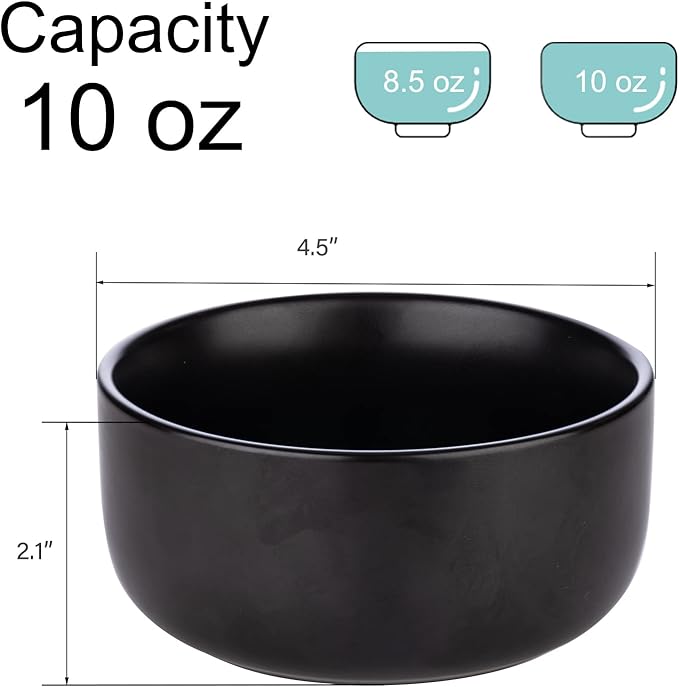 Aquiver 10 Ounces Ceramic Bowl Set - Porcelain Matte Small Bowls - Side Dishes for Desserts, Ice Cream, Snacks, Condiments, Souffle, Yogurt, Soup - Dipping Sauce Bowl Set of 4 (Black)