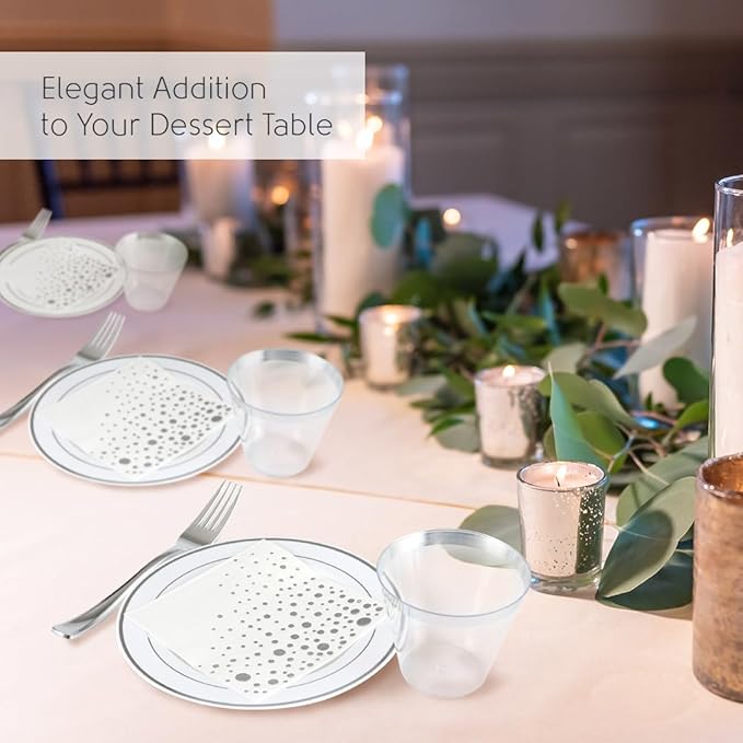 Stylish Disposable Party Set - 100 Cups, Forks, Napkins, 7.5 Inch Dessert Plates, Cake Plates, Appetizer Plates