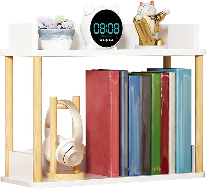Desktop Organizer Shelf, Multi Tier Wood Tabletop Bookshelf, Space Saving Countertop Storage Rack for Office, Bedroom, Living Room(Warm White,15.7 * 7.8 * 14.5in)