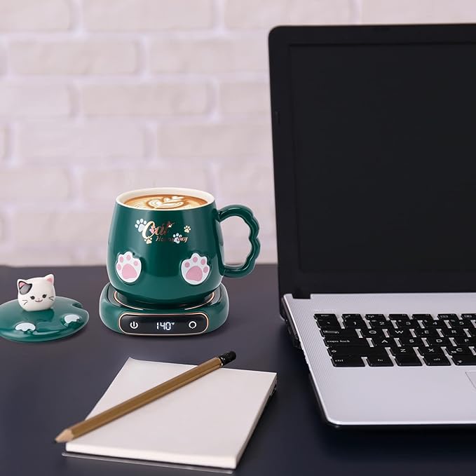Bgbg Coffee Mug Warmer & Cute Cat Mug Set, Beverage Cup Warmer for Desk Home Office with Three Temperature Up to 140℉/ 60℃, Coffee Warmer for Cocoa Milk Tea Water Candle, 8 Hours Auto Shut Off