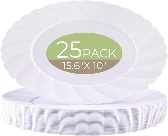U-QE 25 Pieces Oval White Plastic Plates Disposable Heavy Duty - 15.6inch Large Plates Disposable Plastic Dinner Plates - Oval White Disposable Plates for Party, BBQ, Picnic and Weddings