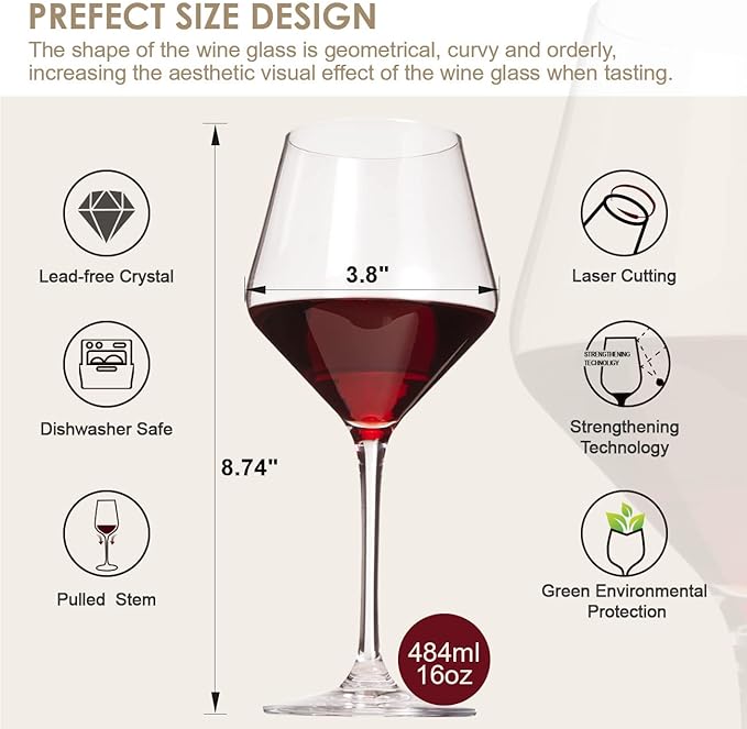Wine Glasses,White Red Wine Glasses Set of 6,Lead-Free Premium Crystal Clear Glass,Hand Blown Italian Style Burgundy Long Stem Wine Glasses,Great Gift Packaging(16oz,6pack)