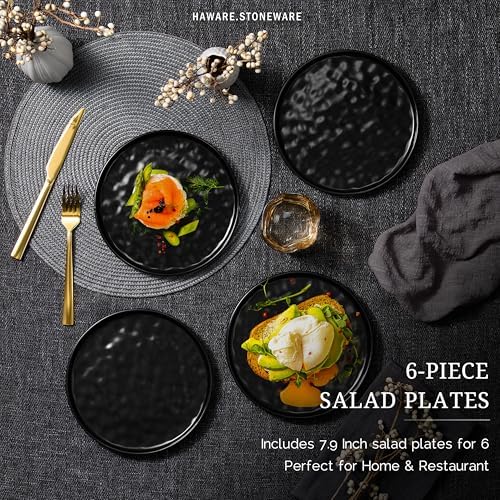 HaWare Stoneware Plates Set of 6, 7.9" Salad Plates, Reactive Glaze Ripple Ceramic Dish Set for Appetizer, Dessert, Scratch Resistant, Small Dinner Plate, Microwave and Dishwasher Safe, Matte Black - Image 5