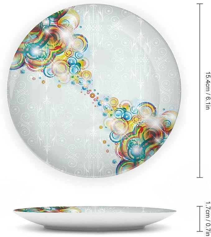 Decorative Plates, Abstract Print Ornament, Modern Design Rainbow Waves Circles Patterned, 6 Inch, Kitchen Wall Decor, Multicolor