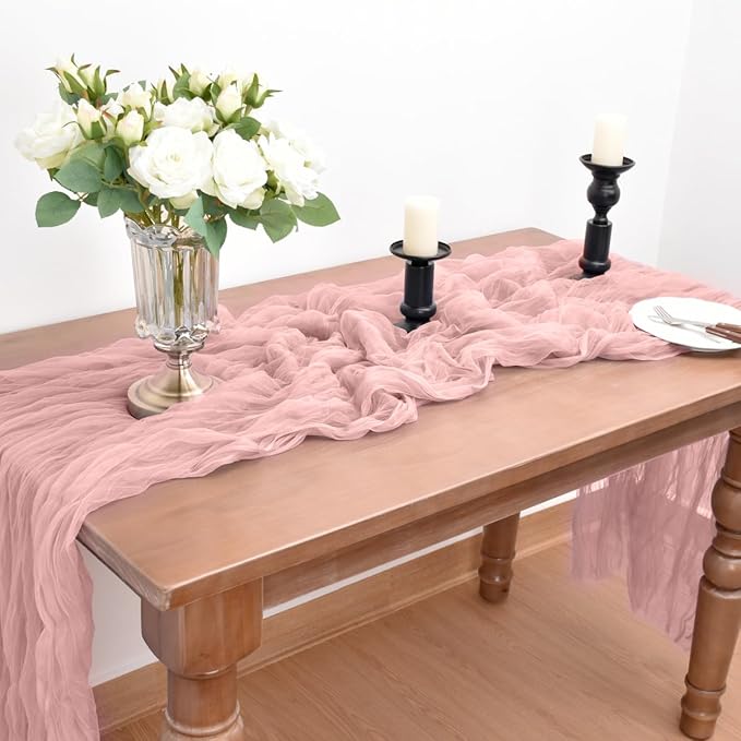 Joanlody Dusty Rose Cheesecloth Table Runner Spring Easter 10Ft Rustic Gauze Boho Cheese Cloth Table Runner for Wedding Bridal Baby Shower Decoration