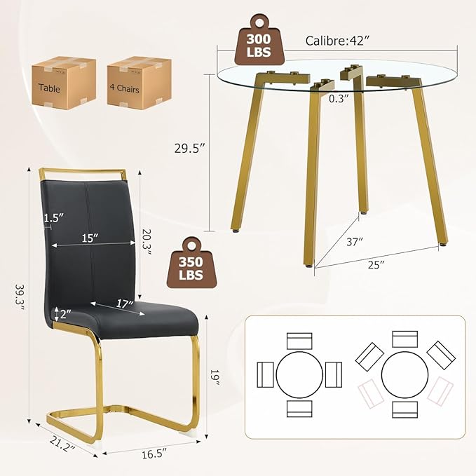 42" Round Glass Dining Table Set for 4,Modern Breakfast Table Set for 4 with Luxury Gold Chrome Legs,Space Saving Kitchen Table and Black Chairs for Apartment,Easy Assembly