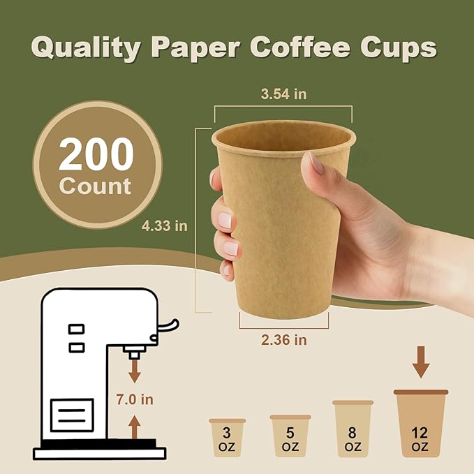 12 oz 200 Pack Disposable Coffee Cups, Bulk Brown Disposable Paper Cups, Coffee Cups for Hot Tea, Chocolate and Cold Drinks