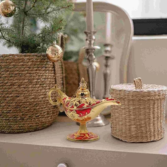Mini Vintage Aladdin Magic Genie Lamp,Metal Wishing Light,Arabian Costume Props Lamp Tabletop Decor Crafts for Home/Wedding Decoration&Gift for Party/Halloween/Birthday (Golden Red)
