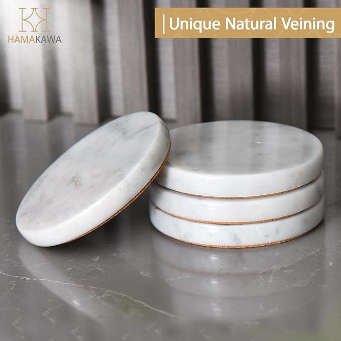 Real Natural Marble Coasters Set of 4, Carrara White Coaster 4 inch, Modern Round Stone, Trendy Drink Coasters for Coffee Table, Kitchen Decor, Office