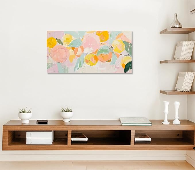 ADJUVANT Wall Art Impressionist Colorful Floral 40"L x 20"W, Bright Blooms With Pastel Leaves Canvas Painting Lively Petals Artwork Prints Floral Wall Decor for Living Room Bedroom Dining Room Home Office
