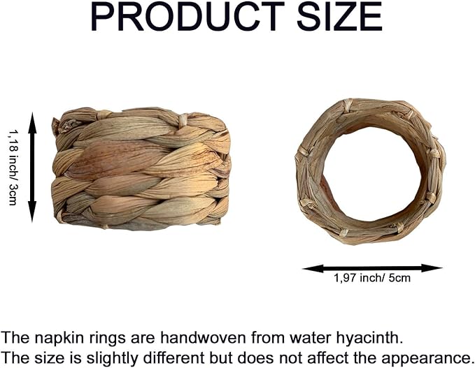 Set 6 Woven Water Hyacinth Napkin Rings | Rustic Boho Wicker Napkin Holders | Natural Farmhouse Rattan Napkin Ring for Christmas, Thanksgiving Dining Table, Wedding Party