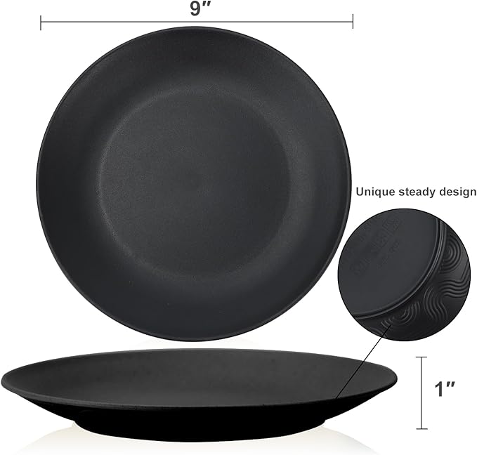 Homienly Black Dinner Plates Set of 8, 10 inch, Reusable, Unbreakable, Microwave & Dishwasher Safe, Wheat Straw Plates for Camping, Kitchen, Party, All Occasions