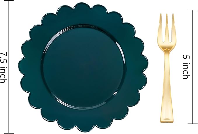 LIYH 200 Pcs Dark Green Dessert Plates - Disposable Cake Plates with Gold Forks, Gold Dessert Forks 5", Plastic Cake Plate 7.5" for Holiday Party
