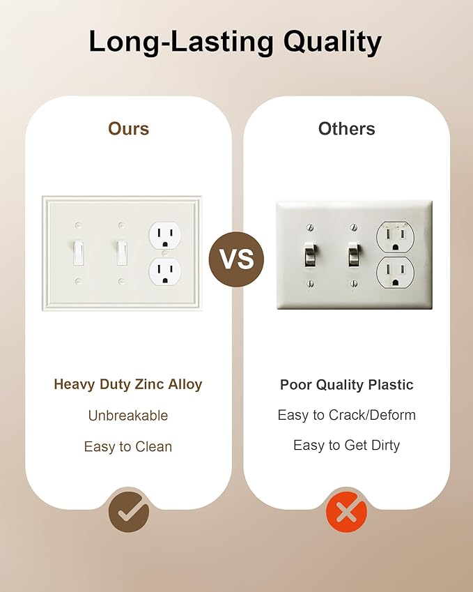 2-Pack Combo Double Toggle/Single Duplex Outlet Covers, Durable Zinc Alloy Decorative Switch Plate Covers, Light Almond 4 Gang Switch Plates, Corrosion Resistant