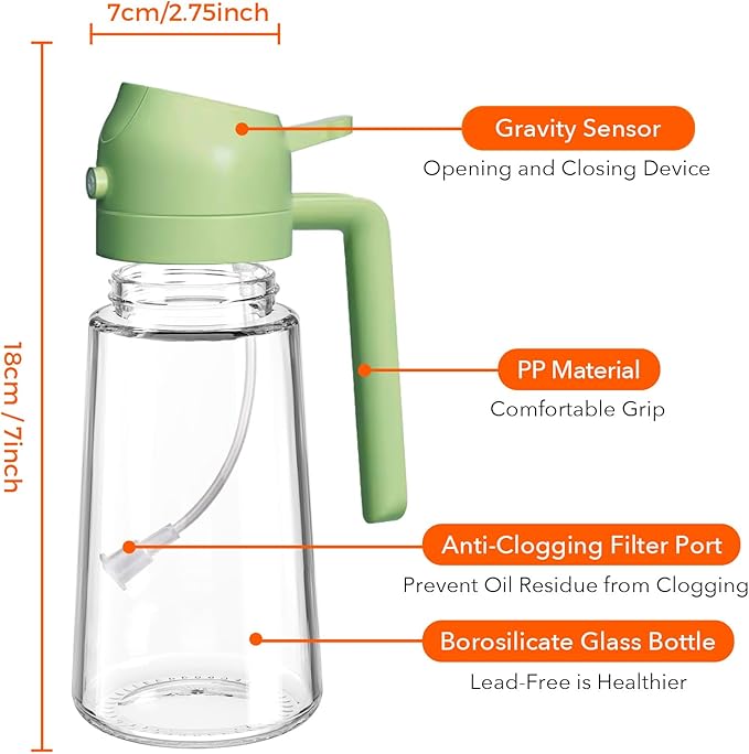 YARRAMATE Olive Oil Dispenser, 2 in 1 Oil Sprayer for Cooking, 16oz/470ml Glass Oil Spray Bottle with Pourer, Food-grade Oil Dispenser and Oil Sprayer for Kitchen, Salad, Frying, BBQ (Black & Green) | 2 in 1, Oil Sprayer, for Cooking, Oil Spray Bottle,...