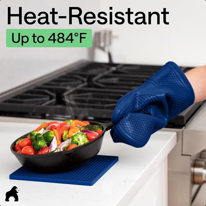 GORILLA GRIP BPA-Free Soft Silicone Oven Mitts and Pot Holders Sets of 4, Heat Resistant Waterproof Cooking Gloves, Thick Cotton Lining, Flexible Gripping for Baking Grilling, Kitchen Trivets, Blue