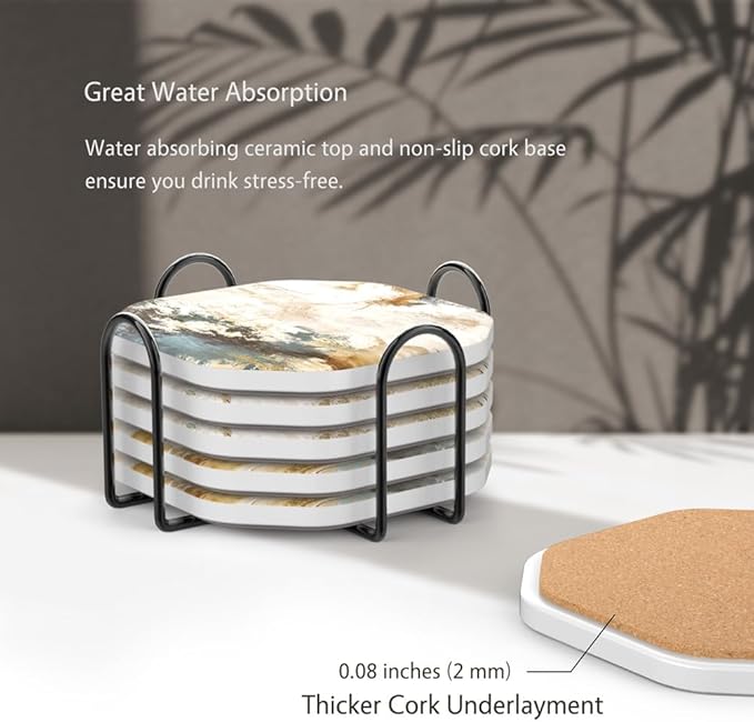 UMIRRO Ceramic Stone Coasters for Drinks Absorbent with Holder for Wooden Coffee Table Decor, Stoneware Cup Coasters for Iced Cold or Hot Drinks, Rustic Retro Boho Style, Gold, 4" Set of 6