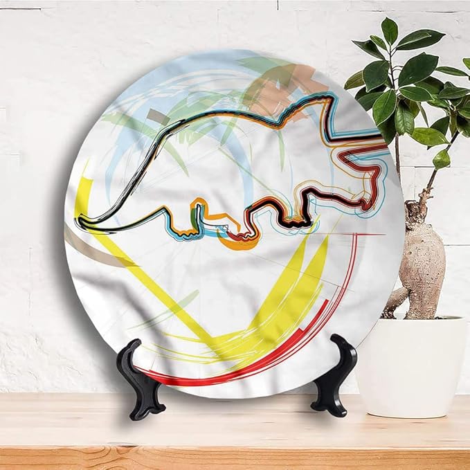 Decorative Plates, Dinosaur Print Ornament, Triceratops Sketch Lines, 10 Inch, 1 Plate with 1 Display Stand, Multicolor