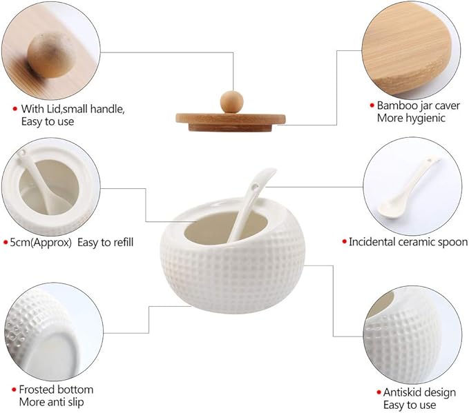 Porcelain Condiment Jar Spice Container with Lids - Bamboo Cap Holder Spot, Ceramic Serving Spoon, Wooden Tray Best Pottery Cruet Pot for Your Home, Kitchen, Counter. White,170 ML (5.8 OZ), Set of 3