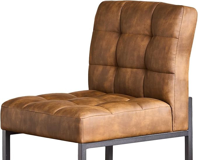 Coffee Faux Leather Dining Chairs Set of 2, Mid-Century Modern Dining Room Chairs with Armless, Checkered Kitchen Chair with Metal Legs