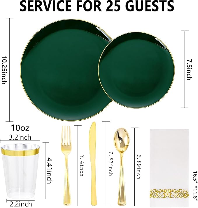 YOUBET 175PCS Green Plastic Plates - Green and Gold Disposable Plates Include 50 Plate, 75 Silverware, 25 Cups, 25 Napkins for Wedding & Party