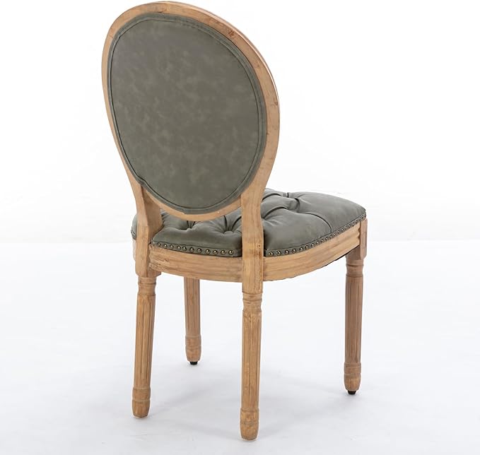 Ball & Cast French Vintage Upholstered Dining Chairs Set of 2, Button Tufted Kitchen Side-Chairs with Carved Antique Wood Frame & Nailhead Trims, PU-Leather Curved Backrest Louis Chair, PU Green