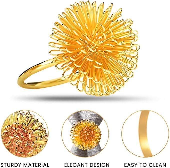 Decozen Set of 8 Gold Napkin Rings in Floral Design, Festive, Table Decor Setting for Holiday, Wedding, Birthday, Kitchen, Home Decor, Housewarming Gift - Thanksgiving & Christmas Gift Decoration