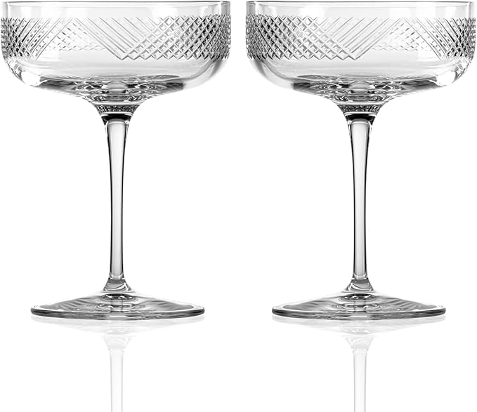 Rolf Glass Bourbon Street Coupe Cocktail Glass | Set of 2, 10.25oz Champagne or Cocktail Glasses | Lead-Free and Diamond-Wheel Engraved | Designed and engraved in the USA