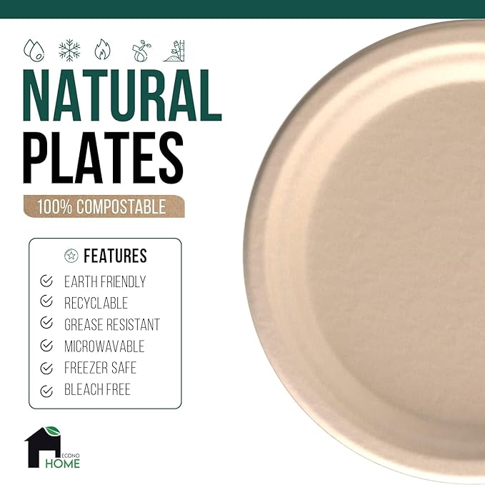 EconoHome 9 Inch Compostable Paper Plates - Eco-Conscious Disposable Plates Made of Bagasse or Sugarcane Fiber - Microwave, Refrigerator-Safe - Heavy Duty Paper Plates for Dinner - Case of 500