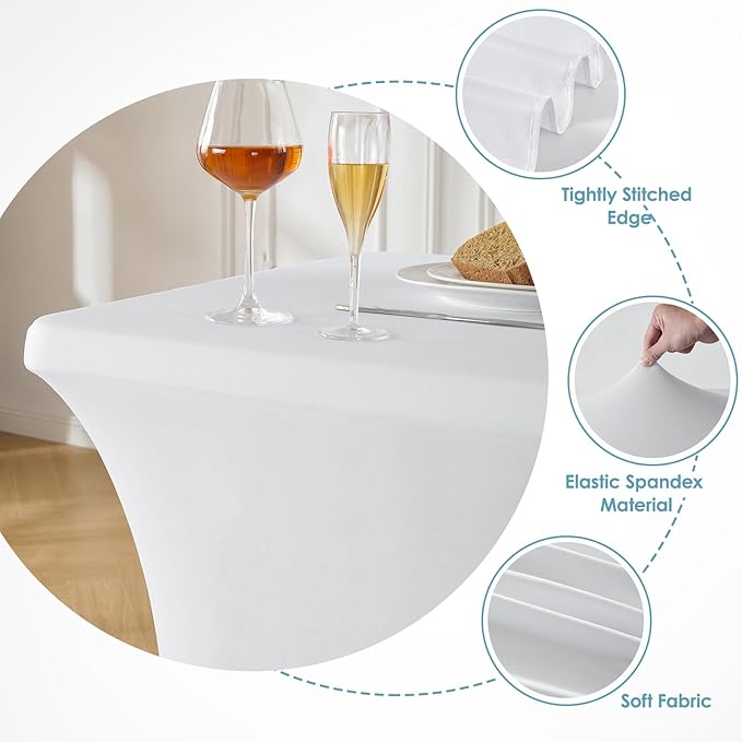 VidaFete Spandex Tablecloth 4FT, Fitted Stretch Table Cover for Rectangle Tables, Wrinkle Resistant and Washable Tablecloths for Outdoor, Picnic, Party, Wedding, Banquet, Birthday, White