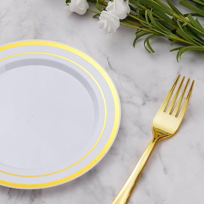 Goodluck 120PCS 7" Gold Dessert Plastic Plates with 7.4" Forks, Gold Appetizer Plates for 60 Guests, Including 60 Disposable Cake Plastic Plates and 60 Forks for Wedding/Birthday/Christmas Party