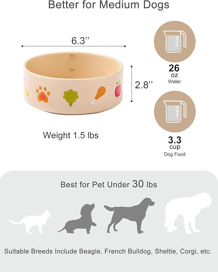Ceramic Dog Bowl Set of 2 with Weighted Non-Slip Ring-3.3 Cups, Stoneware Food and Water Set, Pet Feeding, Microwave and Dishwasher Safe-NomNom-M 2pcs