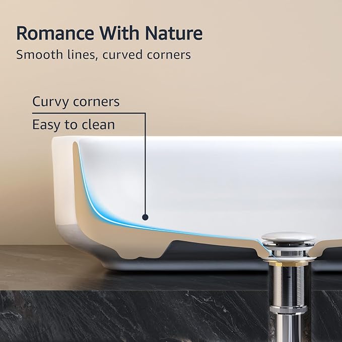 ELLAI Bathroom Vessel Sink Rectangle Above Counter Porcelain Ceramic Top Mount Rectanglar Countertop Sink for Bathroom 19.7"x15.2"x5.4" Glossy White with Pop Up Drain