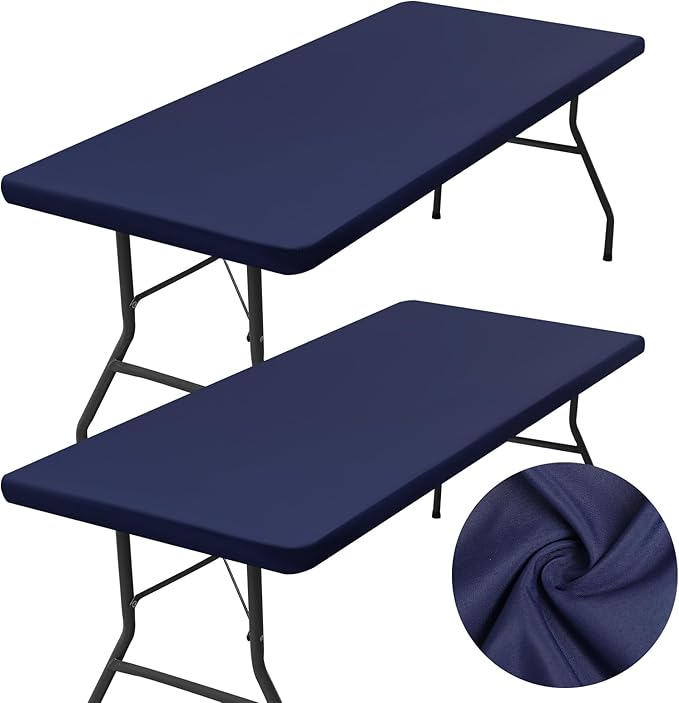 homing 2 Pack Rectangle Table Cloth, Elastic Fitted Fabric Tablecloth Fits for 4 Foot Folding Tables, Washable Table Cover for Picnic, Camping, Indoor & Outdoor (Navy Blue, 30" x 48")