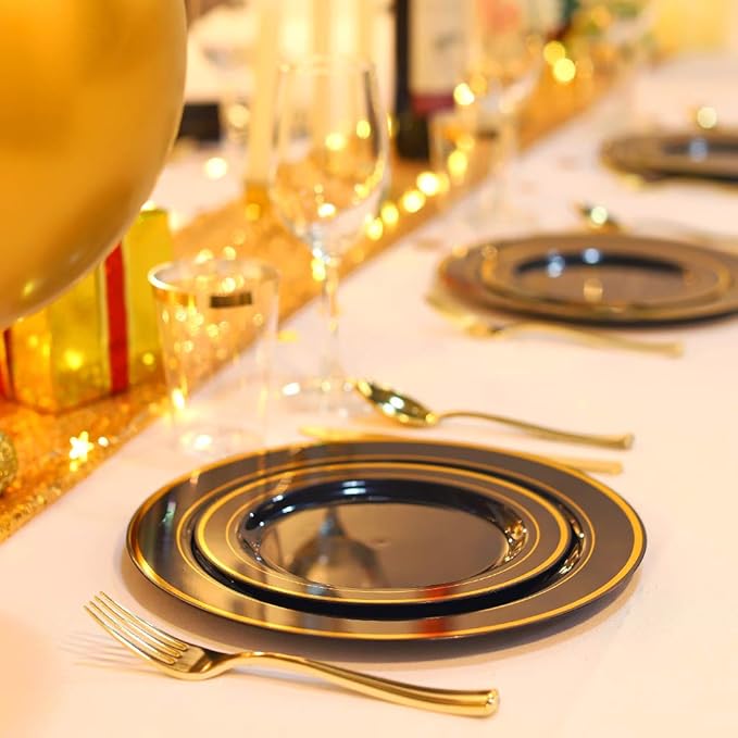 bUCLA 100 Pieces Black and Gold Plastic Dessert Plates - 7.5inch Disposable Salad/Appetizer Plates - Ideal for Party, Graduation & New Year