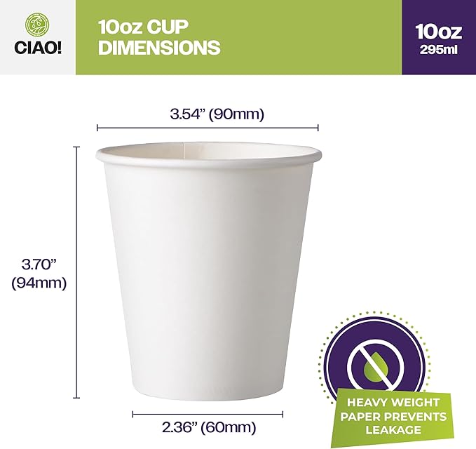 CIAO! 10oz White Paper Hot Cup, Disposable, 90mm Diameter 1,000 Count