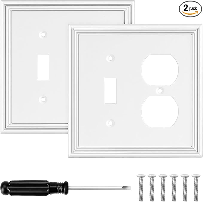 White Modern Decorative Wall Plate Light Switch Cover Decorator Outlet Covers Rocker Switch Plates Bamboo Fiber Material Wall Plates for Kitchen Bathroom (2 Gang Toggle/Duplex-2 Pack)
