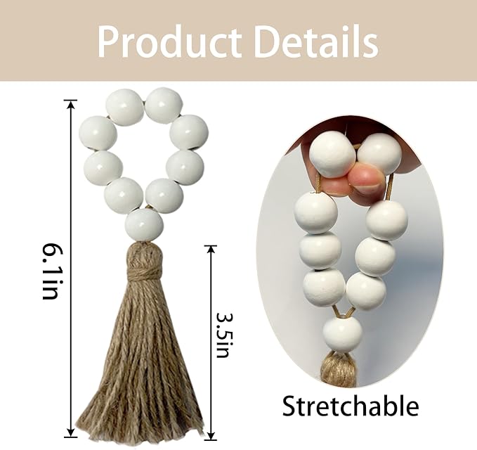 Napkin Rings Set of 12,Wooden Napkin Ring,Wood Bead Elastic Farmhouse Napkin Holder with Tassel,Boho Napkin Rings for Table Decor,Weeding,Dinner,Party (White)