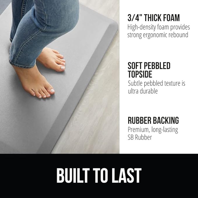 GORILLA GRIP Comfortable Cushioned Kitchen Mats for Floor, Waterproof and Stain Resistant Soft Top, 3/4 Inch Thick Ergonomic Standing Desk Anti Fatigue Mat, Foam Supports Feet, 17x24, Light Gray